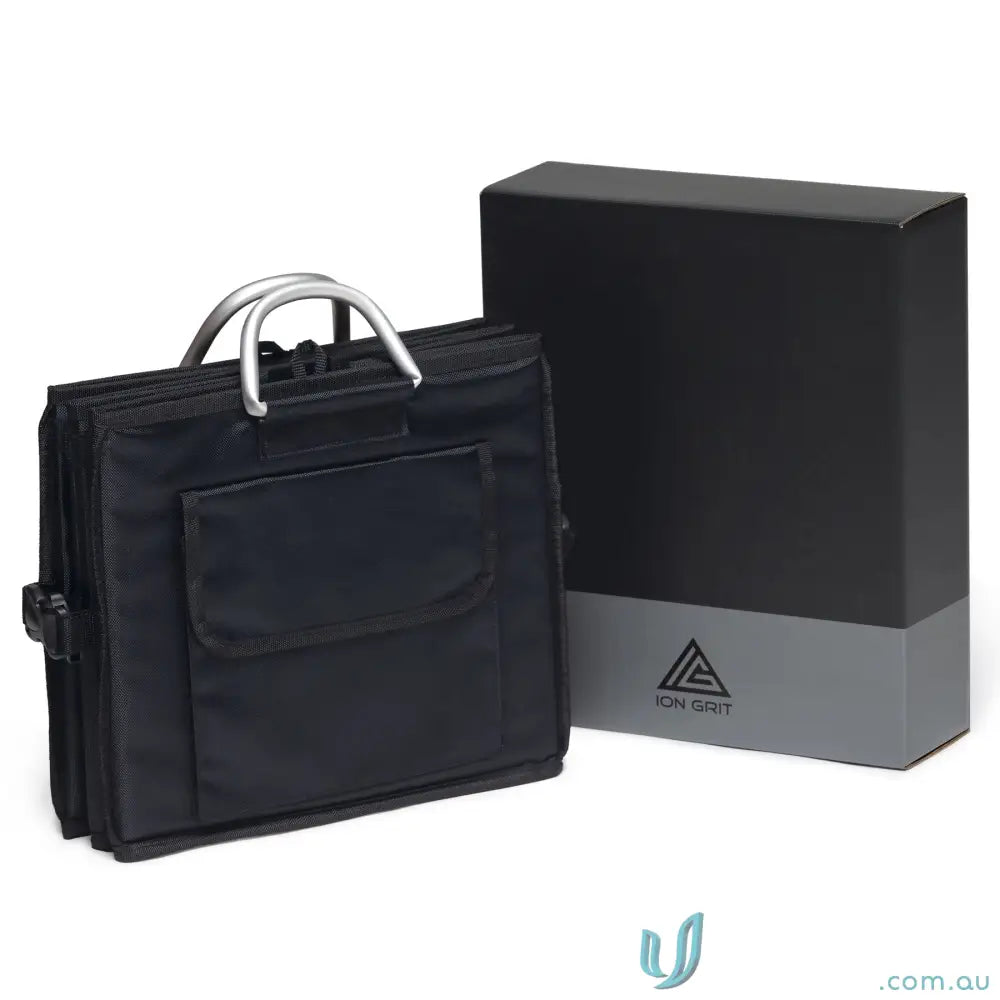Black fabric briefcase with silver handles and front pocket, perfect as a boot organiser with removable lid
