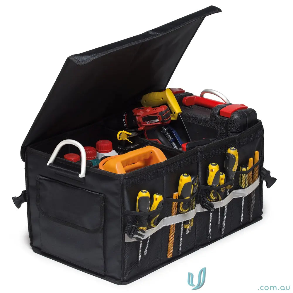 Black fabric boot organiser with removable lid and compartments for tools and uniforms