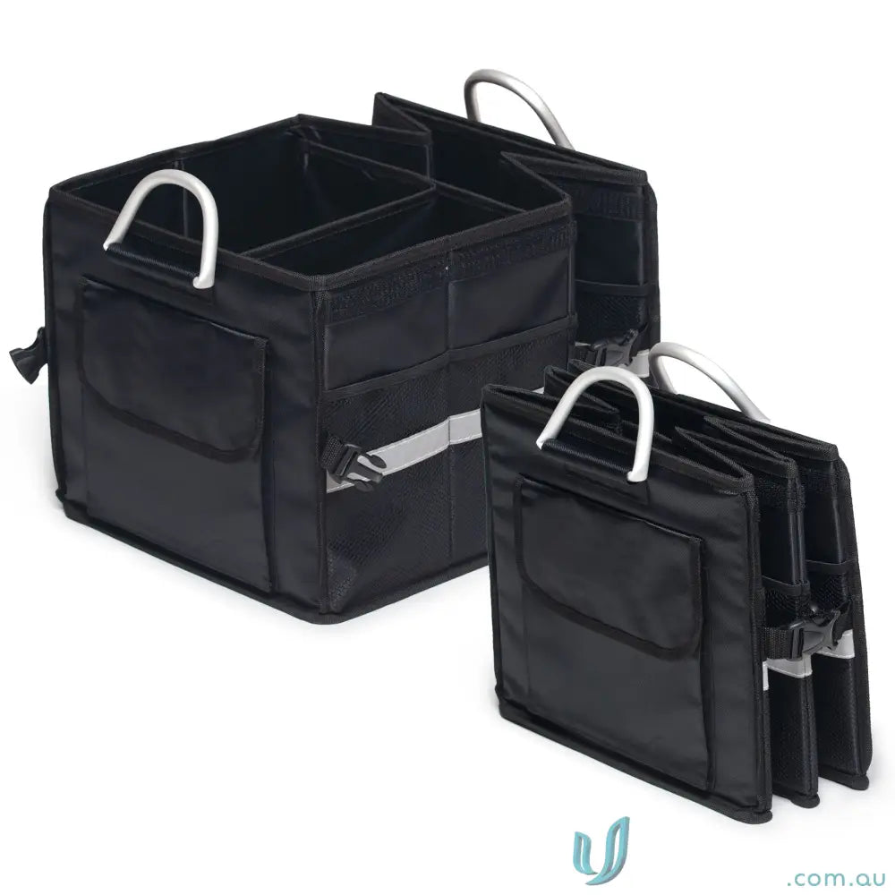 Black collapsible boot organiser with removable lid, multiple compartments, reflective strips