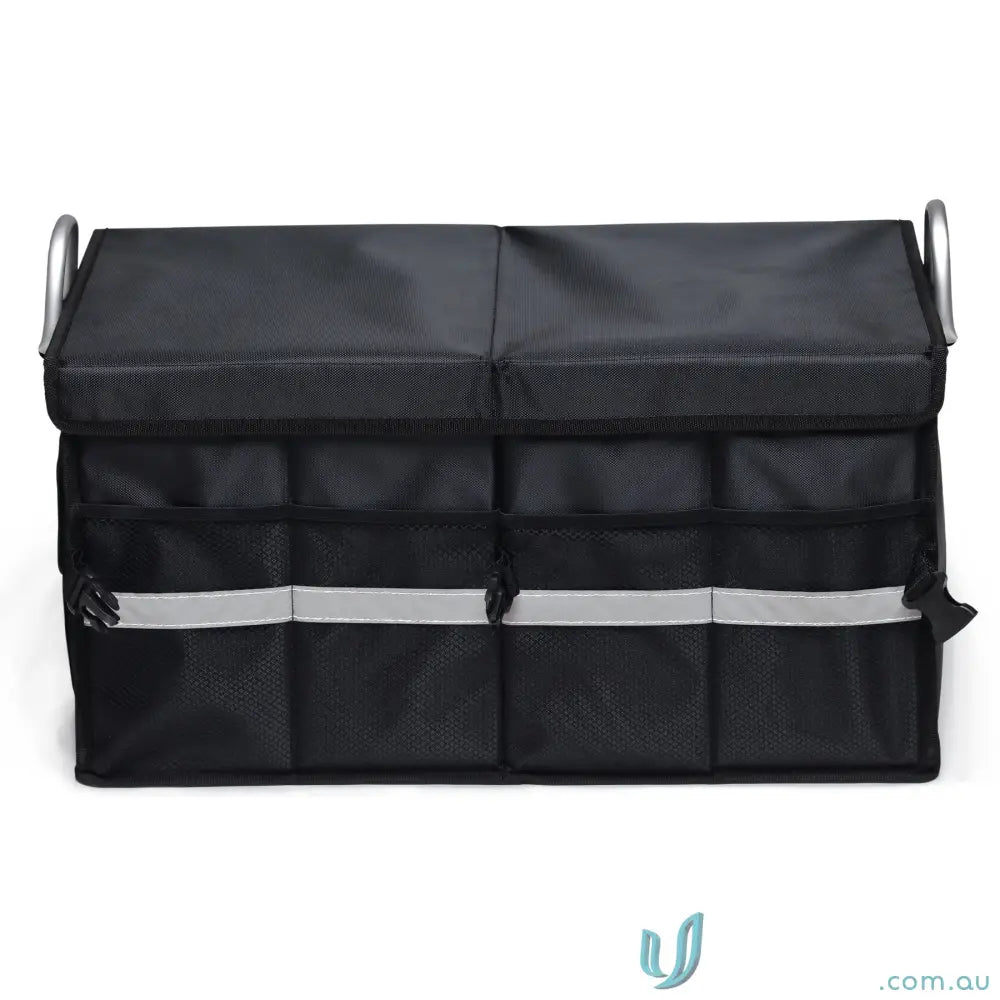 Black collapsible boot organiser with removable lid, mesh pockets, and reflective strips