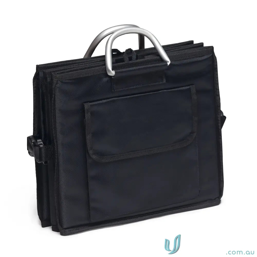 Black accordion-style boot organiser with removable lid and silver handles for uniforms