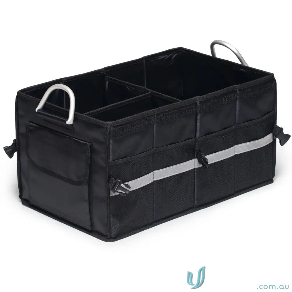 Black collapsible boot organiser with removable lid, compartments, handles, and reflective strips