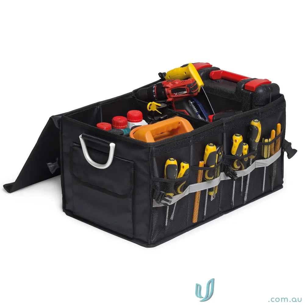 Black GearGrid boot organiser with removable lid filled with tools and cleaning supplies