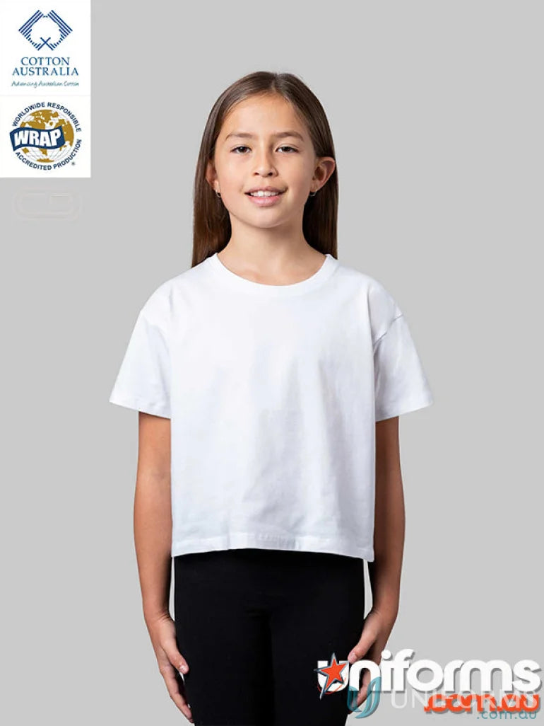 Girl’s white crop tee showing the correct size and fit, perfect for school uniforms