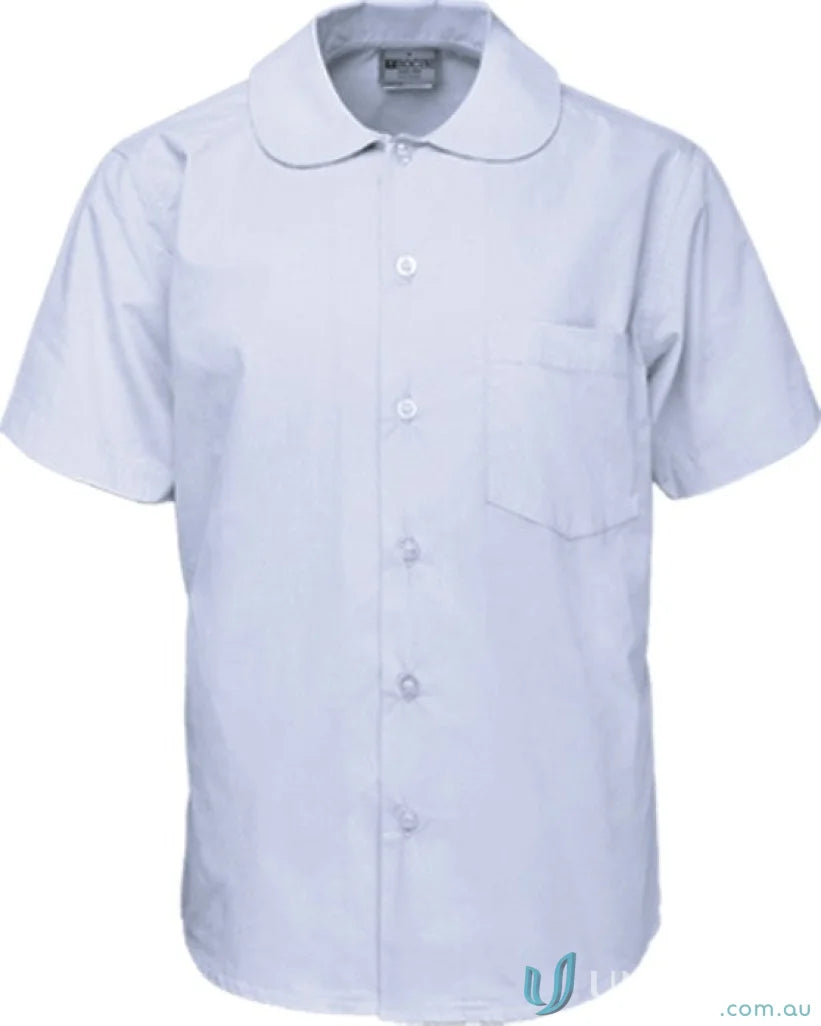 Light blue girls Peter Pan collar short sleeve school shirt with front pocket and buttons