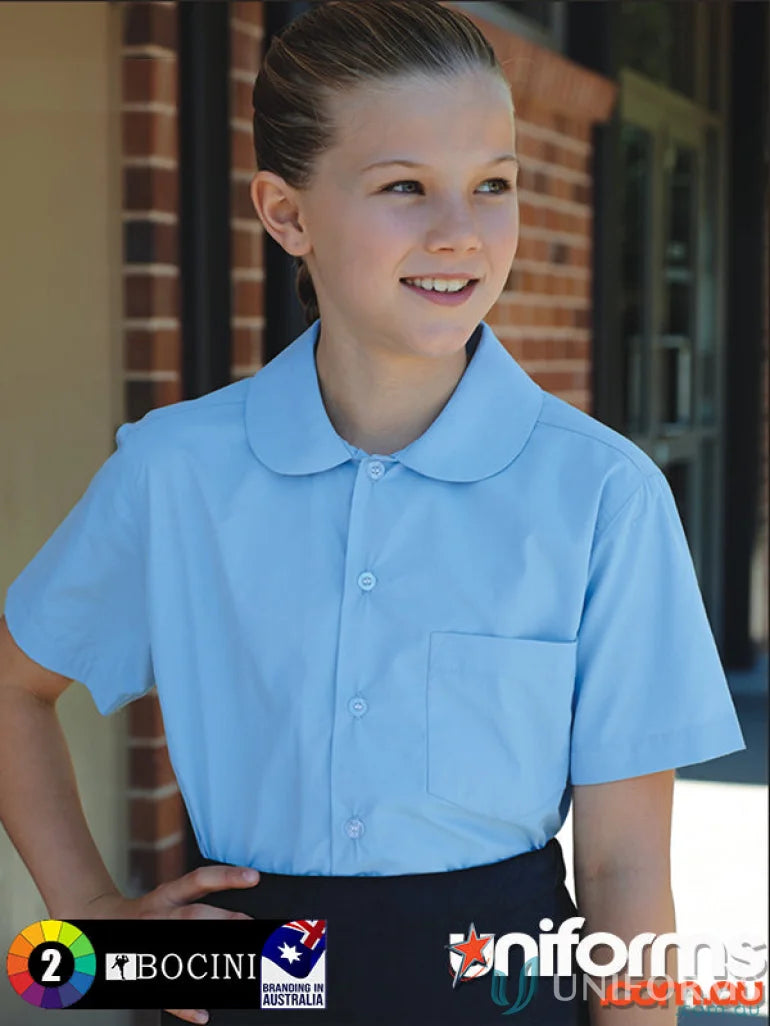 Light blue girls Peter Pan collar short sleeve school shirt with chest pocket