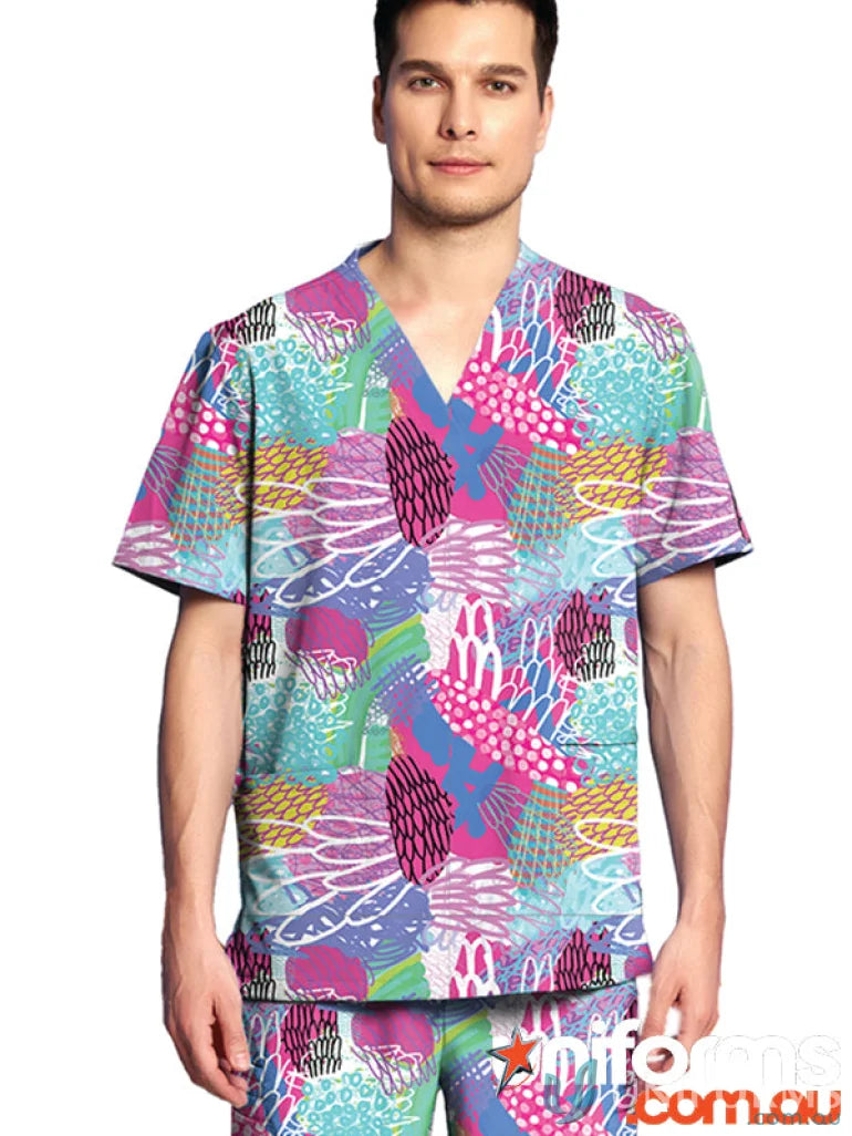 Colorful patterned scrub suit from Gliding Bunjil Inclusive Top collection