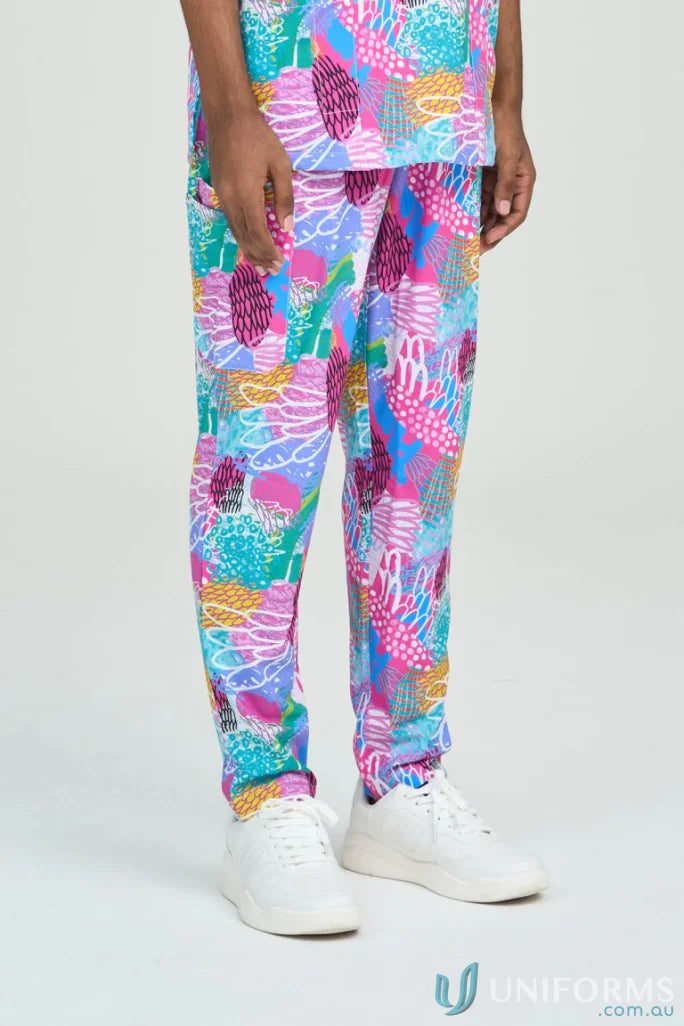 Colorful patterned Gliding Bunjil Pant for healthcare professionals from Collection Gliding Bunjil