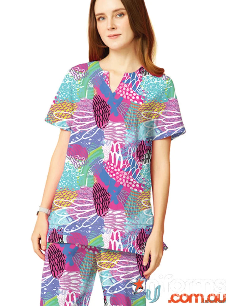 Colorful patterned scrub set in Ladies Fit for Gliding Bunjil uniforms