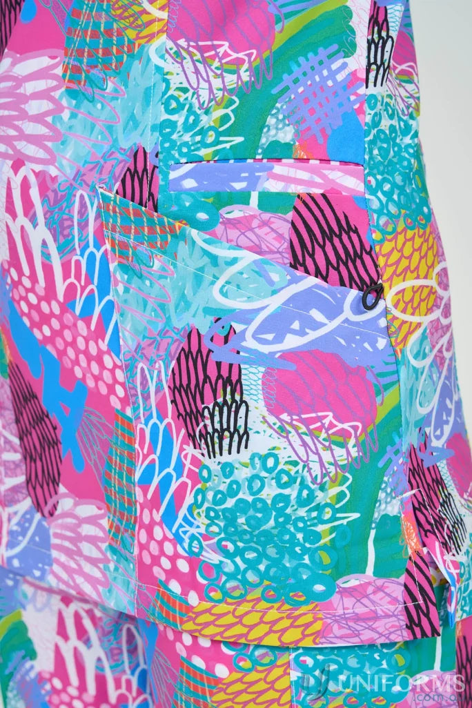 Vibrant multi-colored abstract fabric for Gliding Bunjil Ladies Fit uniforms