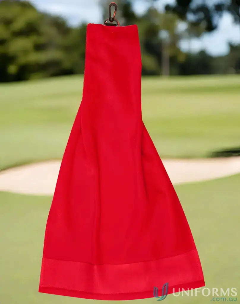 Red spirit golf towel with velour finish and hook for the perfect balance golf accessory