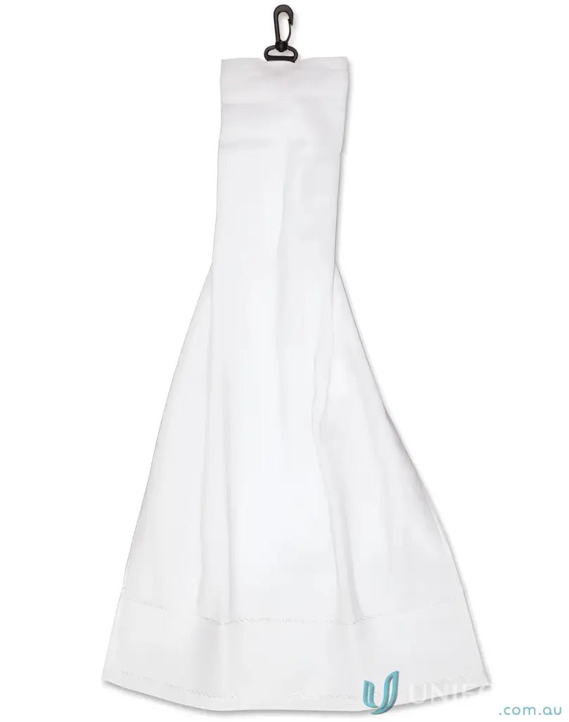 White garment bag with hanging clip for spirit golf towel or velour finish towel storage