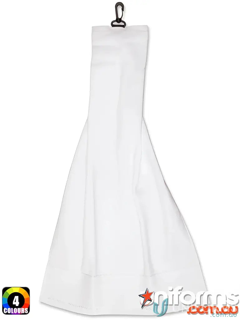 White cotton yarn dyed golf towel with clip for a luxurious feel and easy attachment