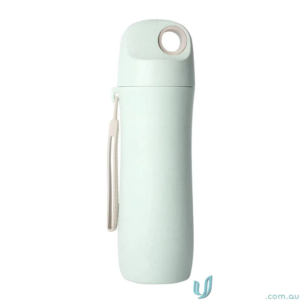 Mint green wheat straw water bottle with strap, eco-friendly and biodegradable wheat straw