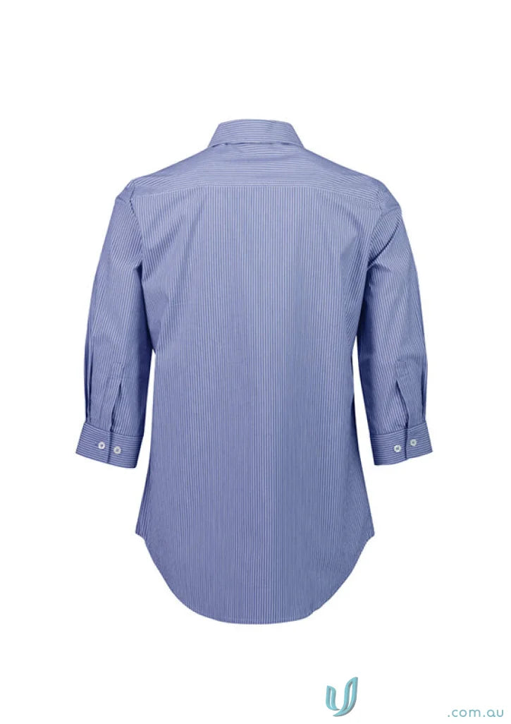 Blue and white striped Conran tailored ladies 3Q shirt with Bengal stripe pattern