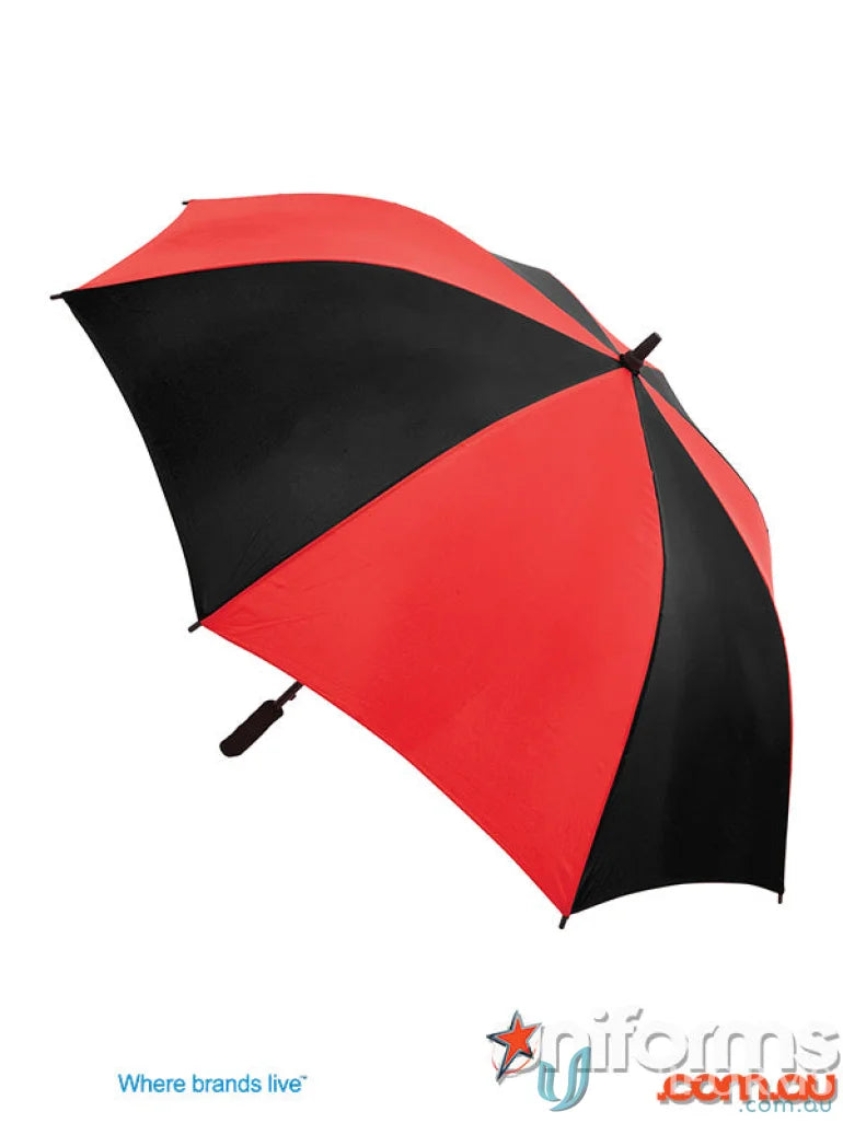 Red and black Gusto Umbra with high quality, wind-resistant frame, perfect for uniforms