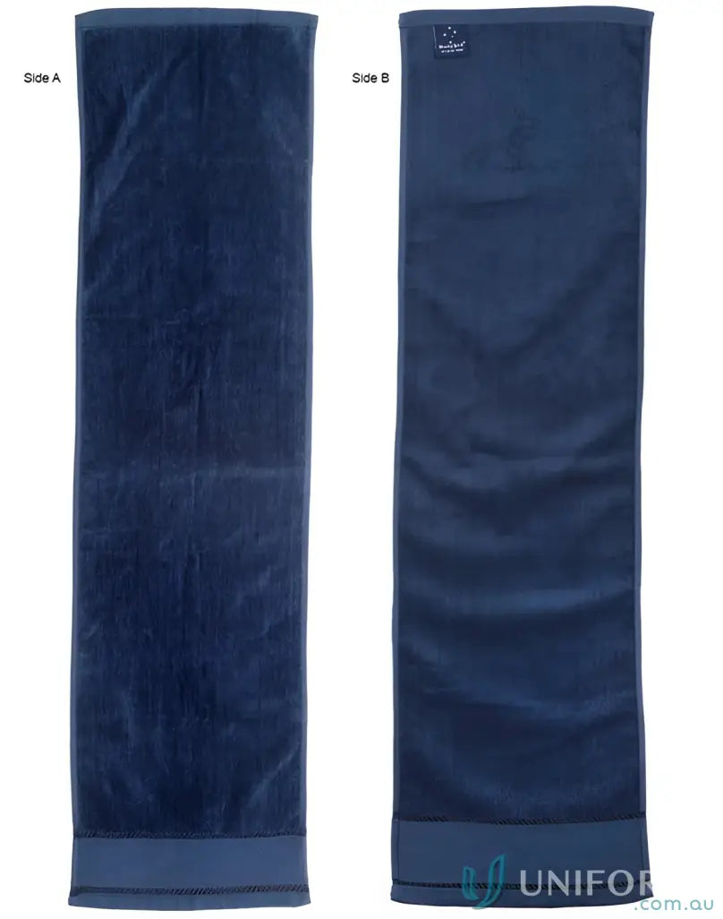 Two-sided blue gym fitness towel with terry towelling and velour finish