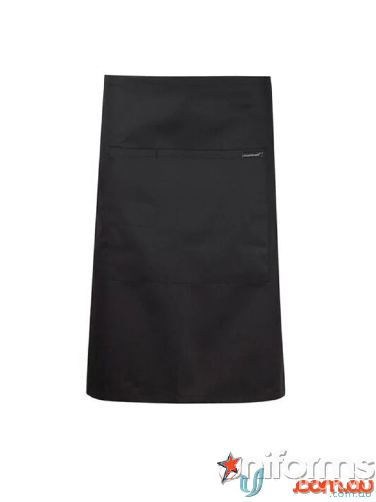 Black workcraft half apron with herringbone tape ties and small front pocket for hospitality pros
