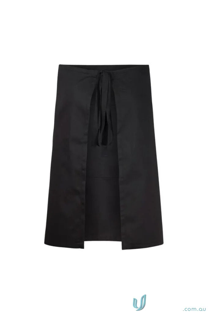 Black workcraft half apron with herringbone tape ties and front pocket for bartenders
