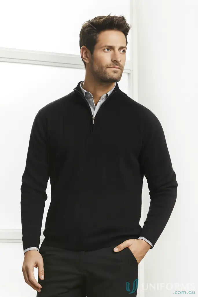 Men’s black zip merino rich pullover over a collared shirt, made from premium fabric