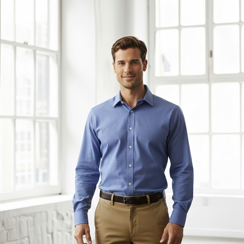 Hudson Long Sleeve Hampton Cotton Shirt with blue textured look, relaxed fit, brown belt, khaki pants