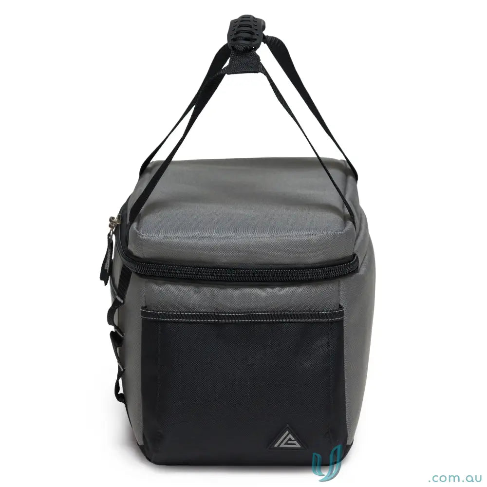 Grey and black insulated cooler bag with top handle and front pocket for easy carrying