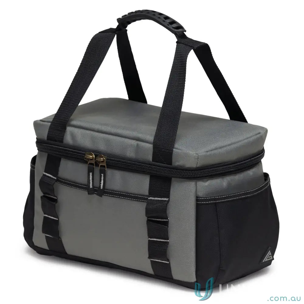 Gray and black insulated cooler bag with top handle and shoulder straps for keeping drinks cold