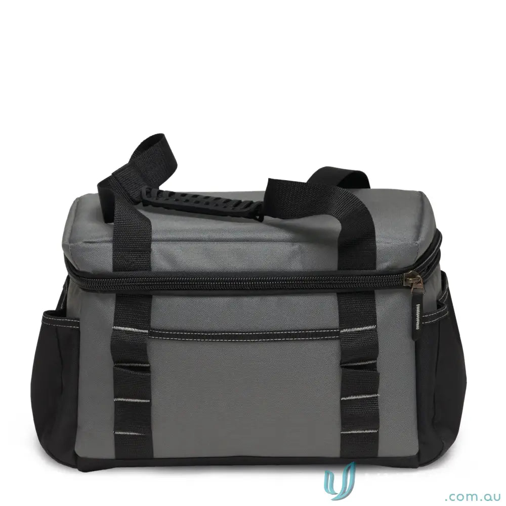 Gray and black insulated cooler bag with zipper and side pockets for easy carrying