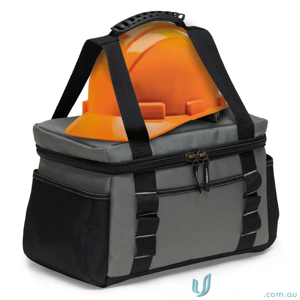Gray and black insulated cooler bag with orange hard hat on top for work or outdoor fun