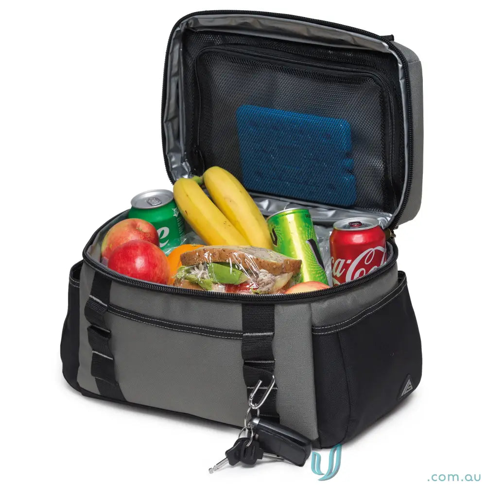 Open Steel Grey HardHat Insulated Cooler Bag with food and drinks inside