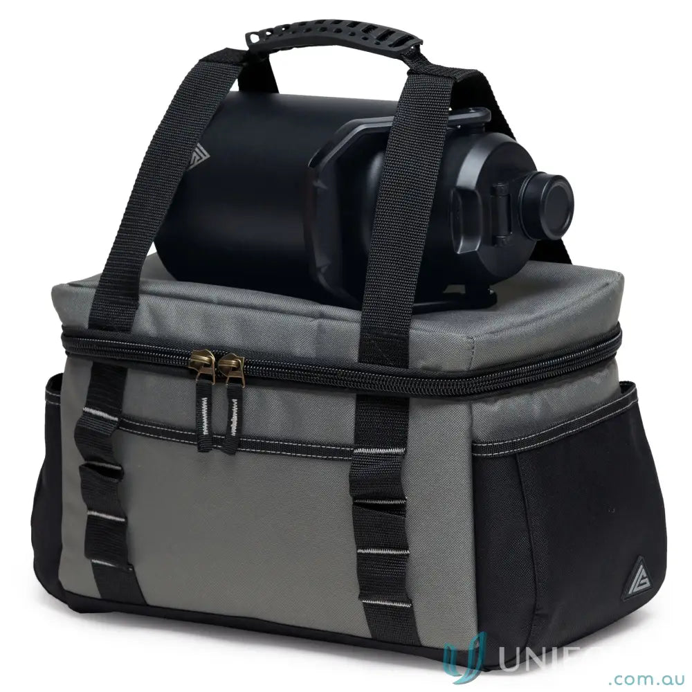 Two-tone gray and black insulated cooler bag with beverage container on top