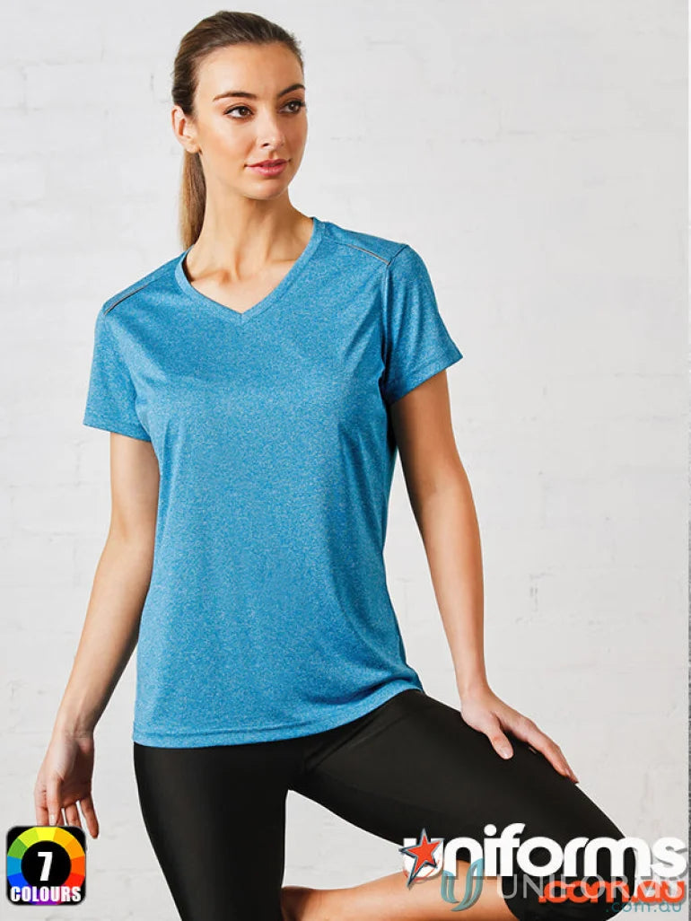 Blue V-neck athletic shirt from Ts46 Harland Tee, perfect for winning spirit Harland ladies tee