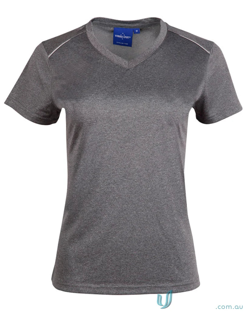 Gray V-neck athletic shirt from the TS46 Harland Tee collection, perfect for winning spirit Harland ladies tee