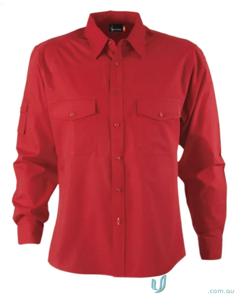 Red long-sleeved button-down shirt for workwear or uniforms in the Harley L/S Shirt collection