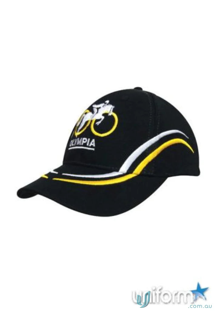 Black baseball cap with white yellow stripes and bicycle logo featuring curved embroidery