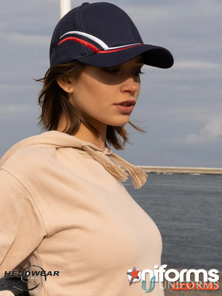 Dark blue HBC baseball cap with curved embroidery, red and white striped accents, perfect for uniforms and workwear