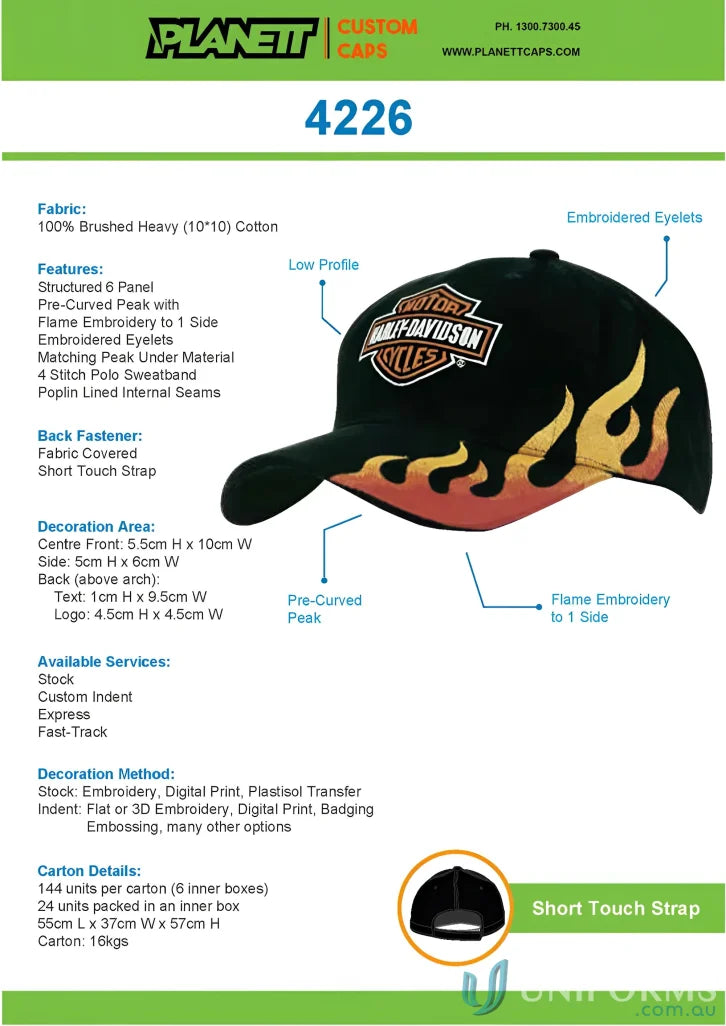 Black HBC cap with flame embroidery, high stock range, wide centimeters inches days imprint