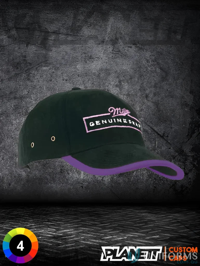 Black baseball cap with purple brim from HBC Peak and Arch Trim stock range