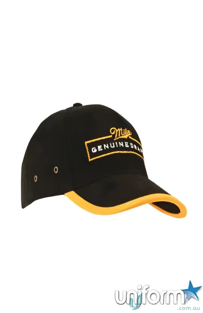 Black and yellow Miller Genuine Draft baseball cap from HBC with Peak and Arch Trim