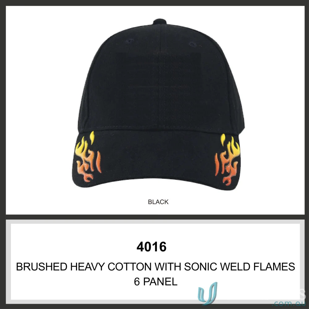 High quality stock black baseball cap with flame design from HBC with Sonic Weld Flames