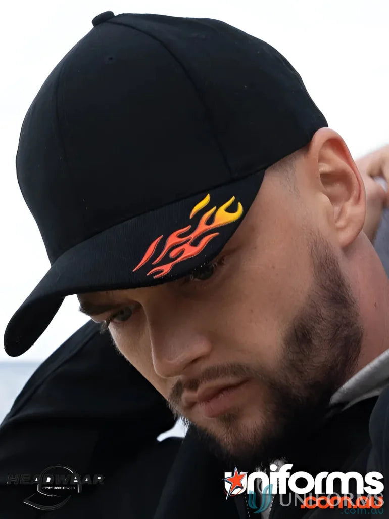 High quality stock Black baseball cap with flame design from HBC with Sonic Weld Flames