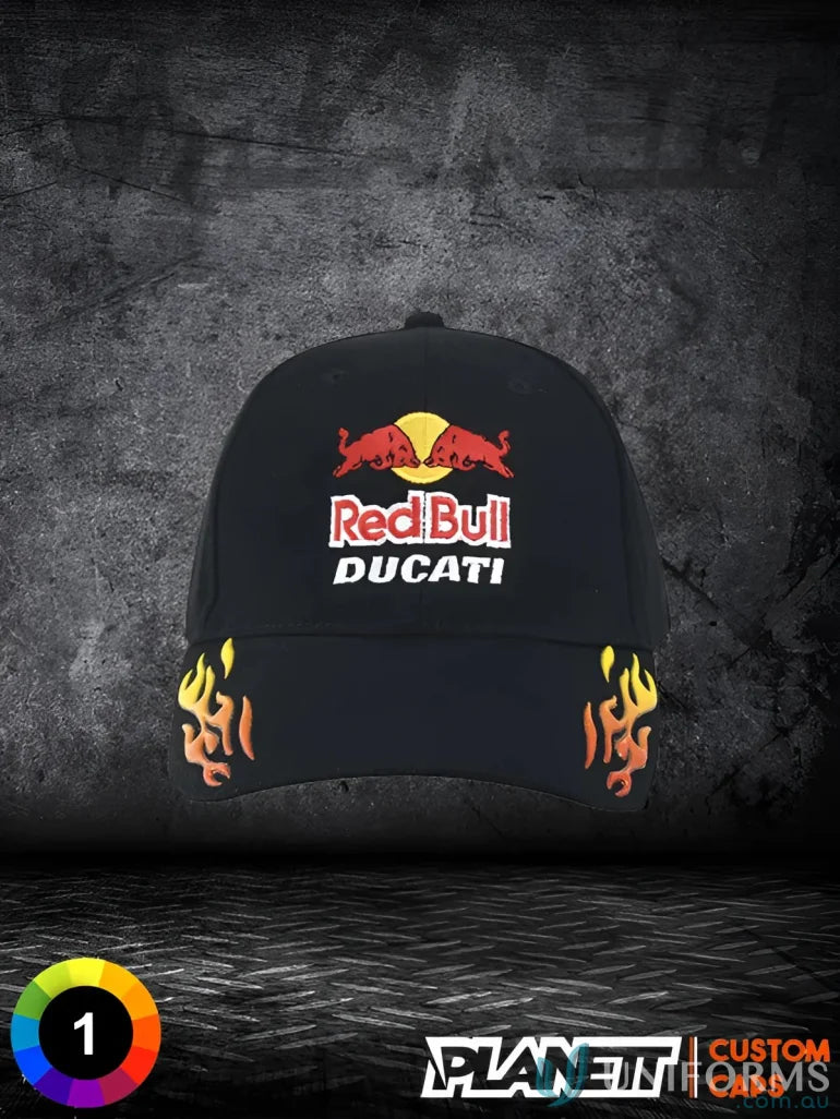 Black Red Bull Ducati cap from HBC with Sonic Weld Flames featuring high quality stock