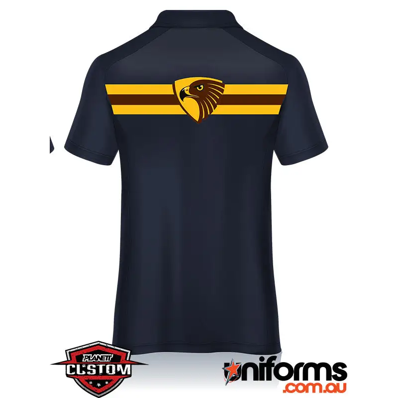 Dark navy hcjfc polo shirt back with yellow brown eagle logo and stripes ideal for workwear uniforms