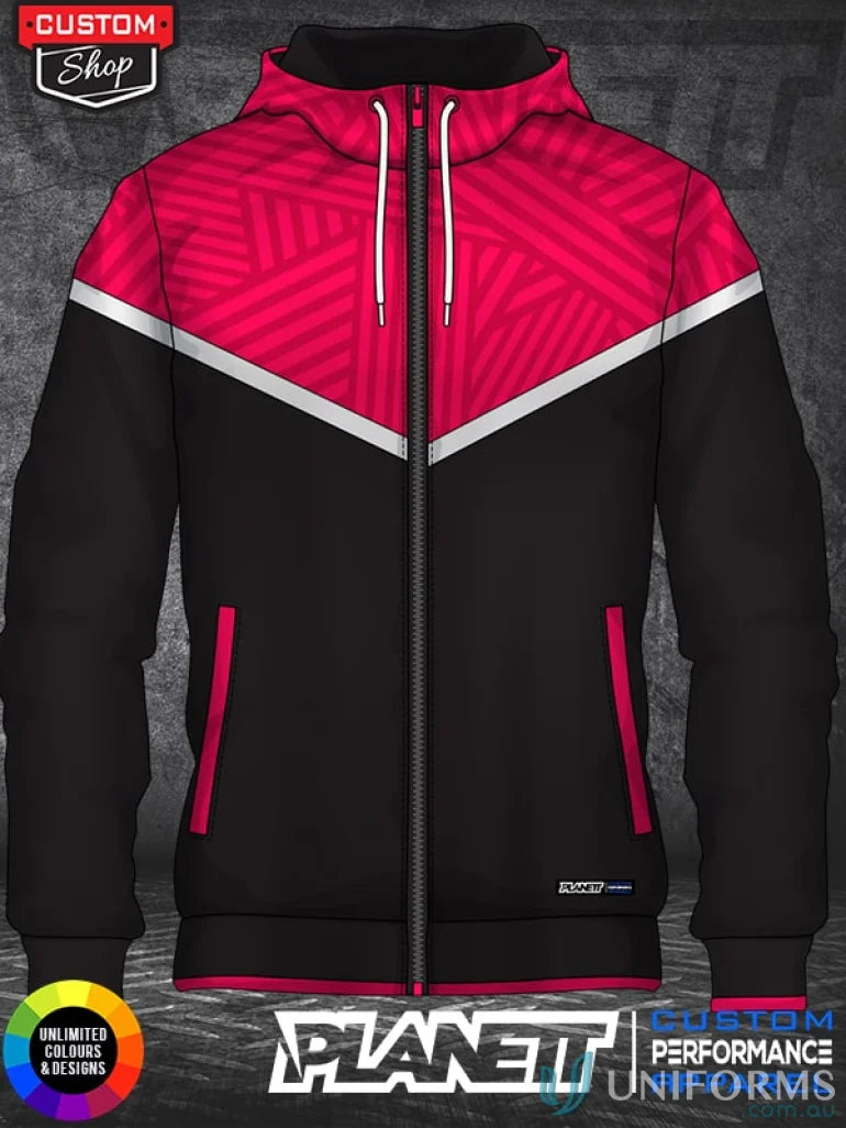 Pink and black hooded jacket from HD105 Custom DyeSub Mens Hoodie made with sublimated garments and sports fabric