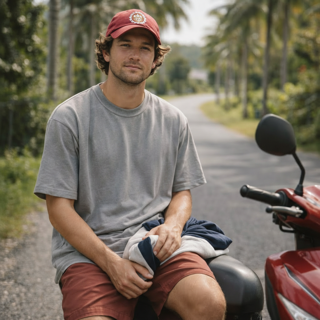 Man sitting on a motorcycle on a road with trees in the background