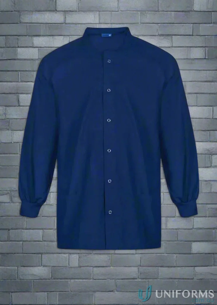 Blue long-sleeved healthcare warm-up jacket showcasing comfortable healthcare workwear style