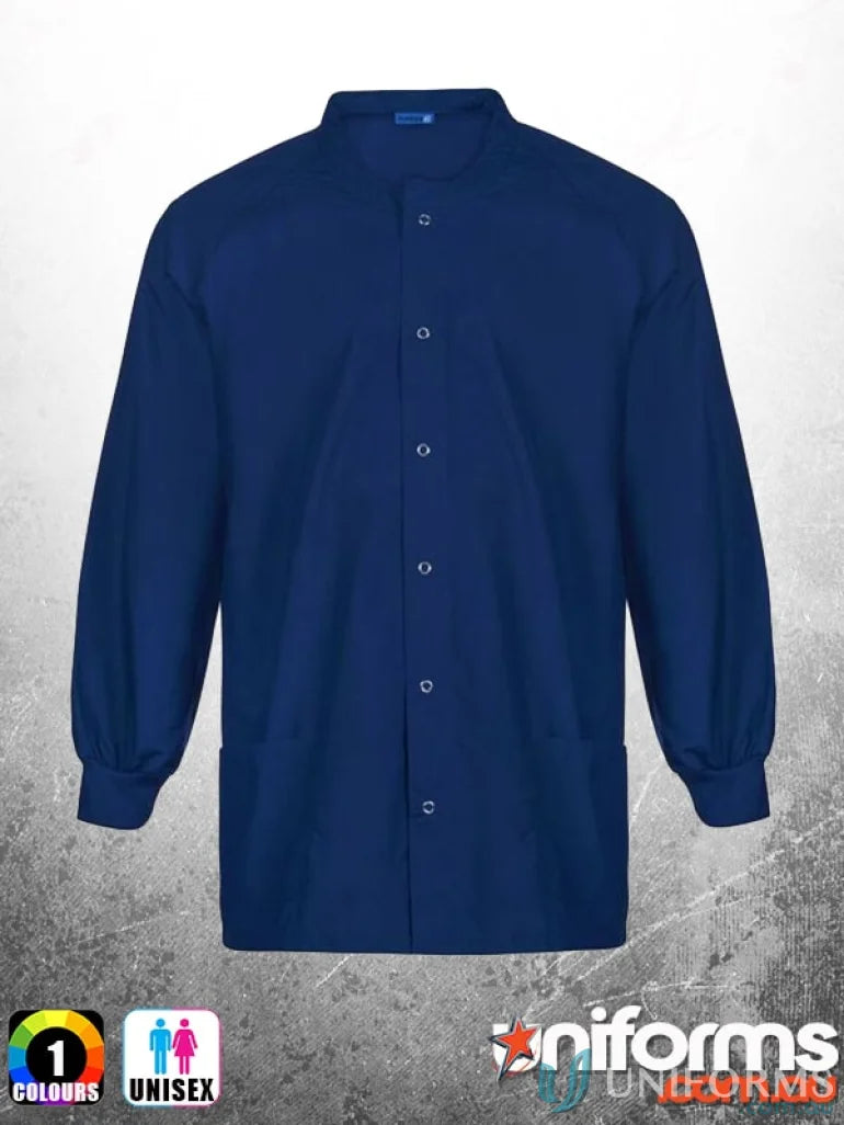Navy blue healthcare warm-up jacket shown as part of healthcare workwear for professionals