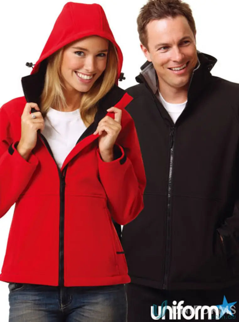 Two models in jk33 Aspen Softshell hood jackets, red and black, showing off four-way stretch softshell style