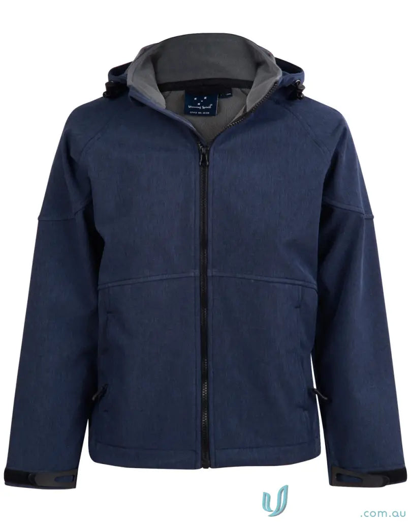 Navy blue Heart Foundation EMbX2 men’s softshell jacket with jk33 Aspen softshell hood