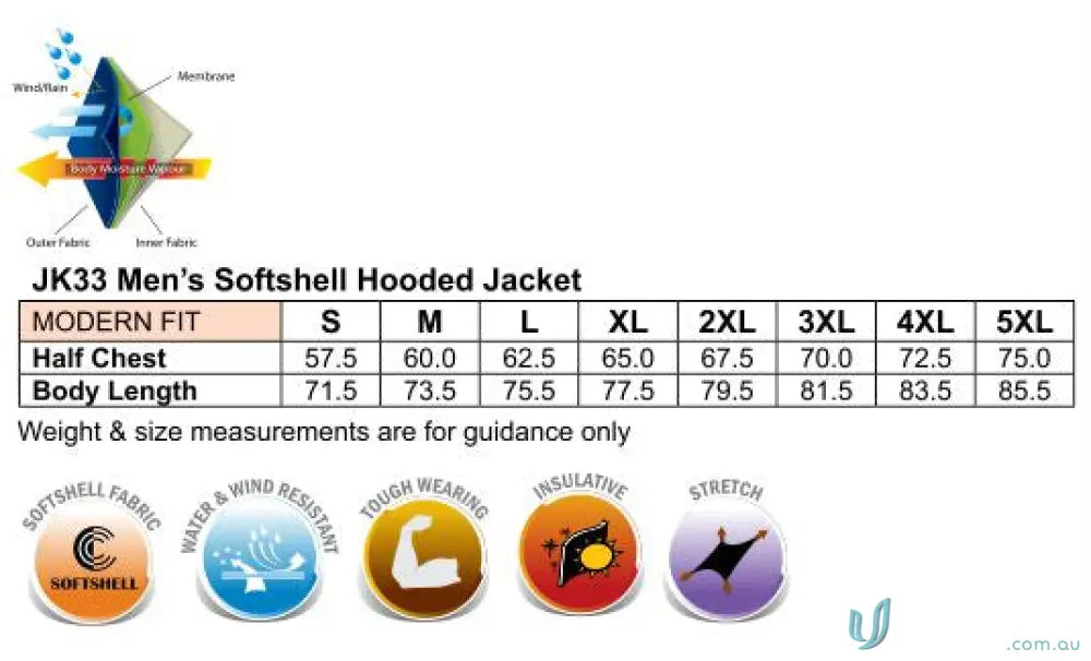 Heart Foundation EMBx2 Men’s Aspen Softshell Hood jacket with size chart and features